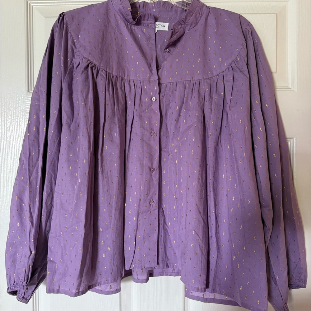 Emerson Fry India Collection Emmaline Lavender Gold Dot Blouse size large - Picture 7 of 9